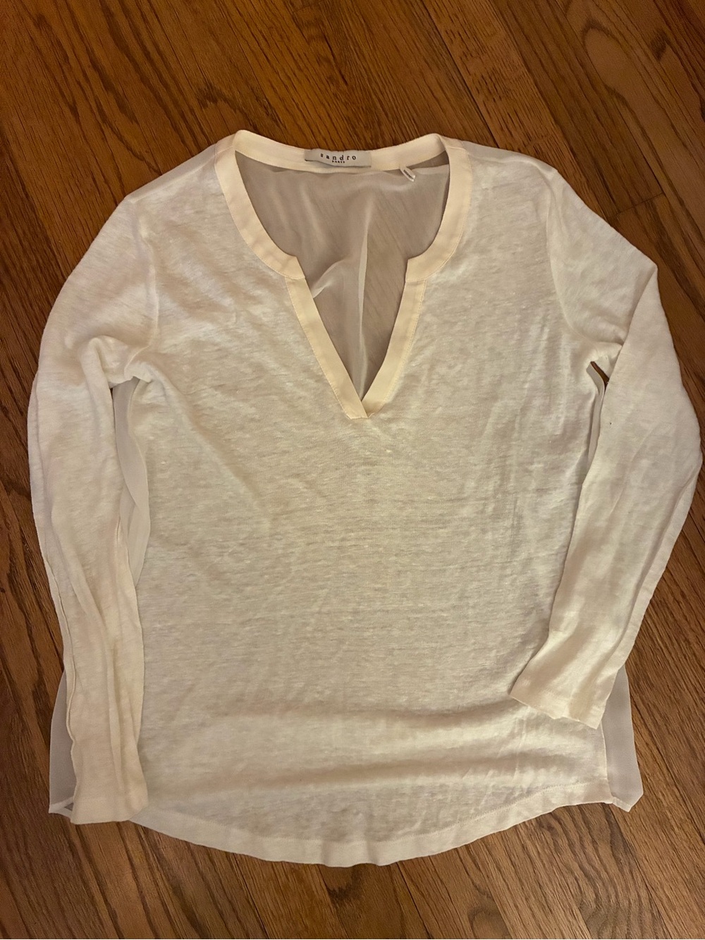 Sandro Cream V-Neck Long-Sleeve Tee with Chiffon Back